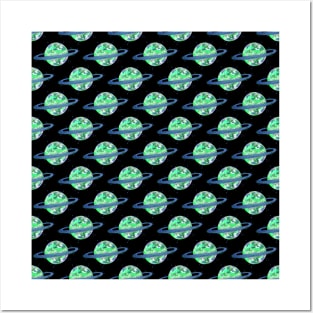 Green Ring Planets Pattern Posters and Art